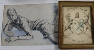 Kathleen Guthrie, sketch of a boy reading and a 19th century watercolour armorial, sketch 25 x 49cm