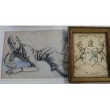 Kathleen Guthrie, sketch of a boy reading and a 19th century watercolour armorial, sketch 25 x 49cm