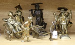 A collection of six assorted Chinese brass figures