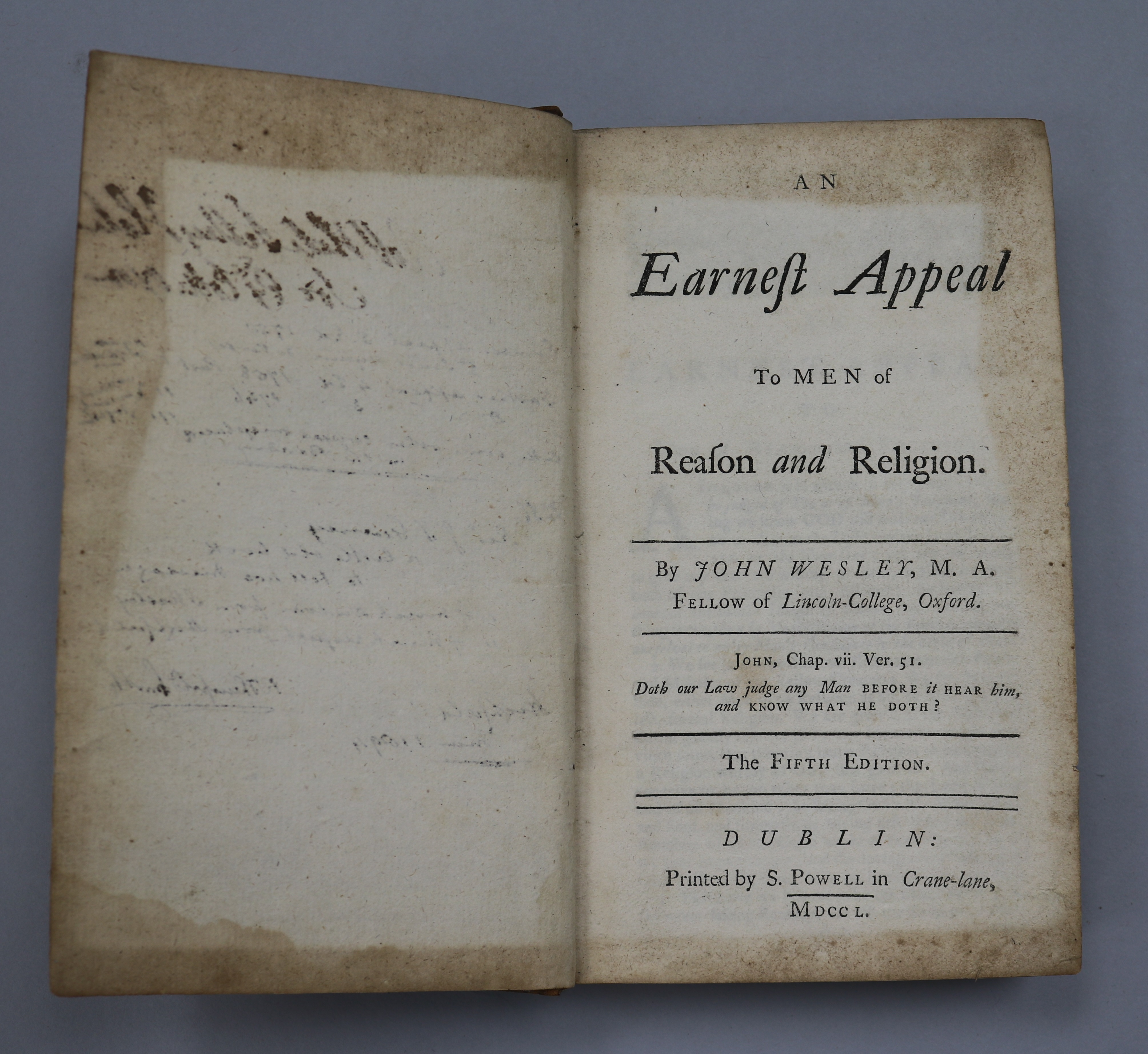 Wesley, John - An Earnest Appeal, 5th edition, calf 8vo, Dublin 1750