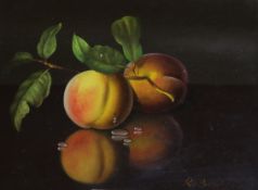 Rowland Berger, oil on panel, 'Peaches', W.H.Patterson label verso, 11 x 14cm