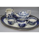 A Willow pattern tea tray and five other blue and white items