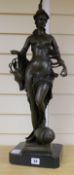 A modern bronze figure of a huntress, on marble plinth, 67cm