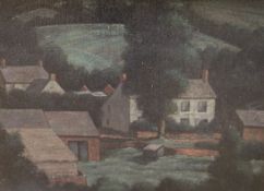 Frank Edward Burnham Hughes NEAC (1905-1987), oil, Valley village, 22 x 28cm