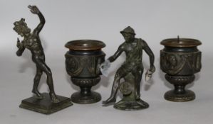 Two 19th century small bronze male figures after the Antique and a similar pair of urns, height 5.