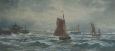 J. Mortimer, watercolour, fishing boats off the coast, 17 x 35cm