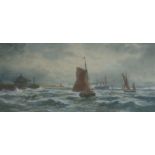 J. Mortimer, watercolour, fishing boats off the coast, 17 x 35cm