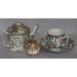 A Satsuma miniature teapot, 3.25in., a late 18th century Chinese famille verte teapot, a plate and a