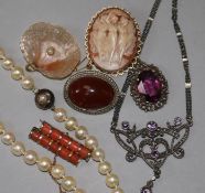 A cultured pearl necklace, three brooches and three pendants.