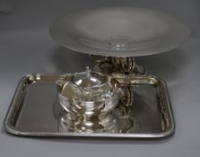 A Christofle tazza, 13.75in., a caviar bowl and a rectangular tray tazza 13.75in.