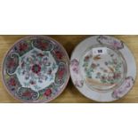 Five assorted 18th century Chinese famille rose plates, 9in.