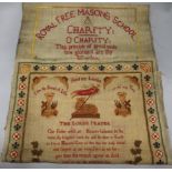 Three 19th century embroidered linen samplers relating to the Royal Freemasons School for Female