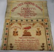 Three 19th century embroidered linen samplers relating to the Royal Freemasons School for Female
