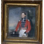 19th century English School, pastel portrait of an army officer, 24 x 21cm and a family coat of