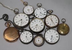 Ten assorted pocket watches including silver.