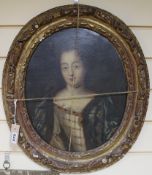 English School (18th Century), oil on canvas, Portrait of Queen Anne, oval, in carved giltwood