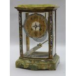 A French champleve inset ormolu and green onyx four glass mantel clock, c.1900, 10.75in.