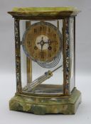 A French champleve inset ormolu and green onyx four glass mantel clock, c.1900, 10.75in.