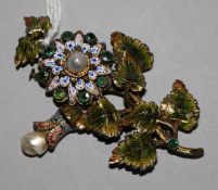 An Austro-Hungarian silver gilt (835) and enamel floral spray brooch, set two baroque pearls and