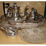 A group of assorted plated wares and two glass dishes