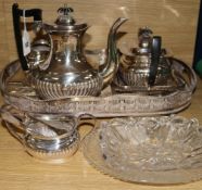 A group of assorted plated wares and two glass dishes