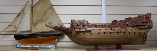 A model of the hull of a galleon and a pond yacht, 97cm and 74cm