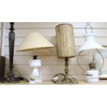 Two opaque white glass lamps and wood lamp base and another