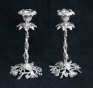 A pair of plated brass rustic vineous candlesticks, 8.75in.