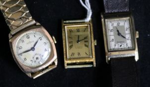 A gentleman's 1930's 9ct gold Titus manual wind rectangular cased wrist watch, one other 9ct gold
