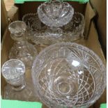 A pair of mallet shaped decanters and two glass fruit bowls, and 3 glass bonbon dishes