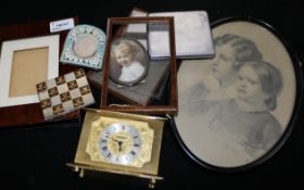 A gilt-metal and micromosaic small photograph frame, five other frames, various and sundries,