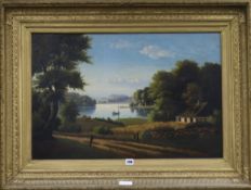 Fritz Moller, oil on canvas, lake scene, signed and dated 1878, 50 x 75cm