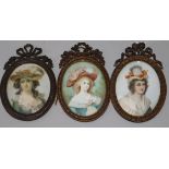 3 gilt metal framed portrait miniatures of elegant ladies