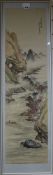 Chinese School, watercolour on silk, river landscape, signed, 104 x 28cm