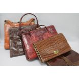 Four various crocodile handbags from 1930's-1960's and a red snake skin bag