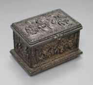 A Dutch plated casket, velvet-lined and decorated to cover and sides with equestrian and other