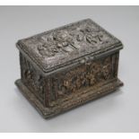 A Dutch plated casket, velvet-lined and decorated to cover and sides with equestrian and other