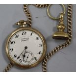 A 9ct gold albert, a gold overlaid and carnelian fob seal and a gold plated dress pocket watch.