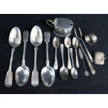 Four Victorian silver tablespoons, a silver mustard and ten other items including a vesta case,