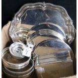 A silver cigarette box, four silver pin dishes, a Walker & Hall plated salver and sundry plate,