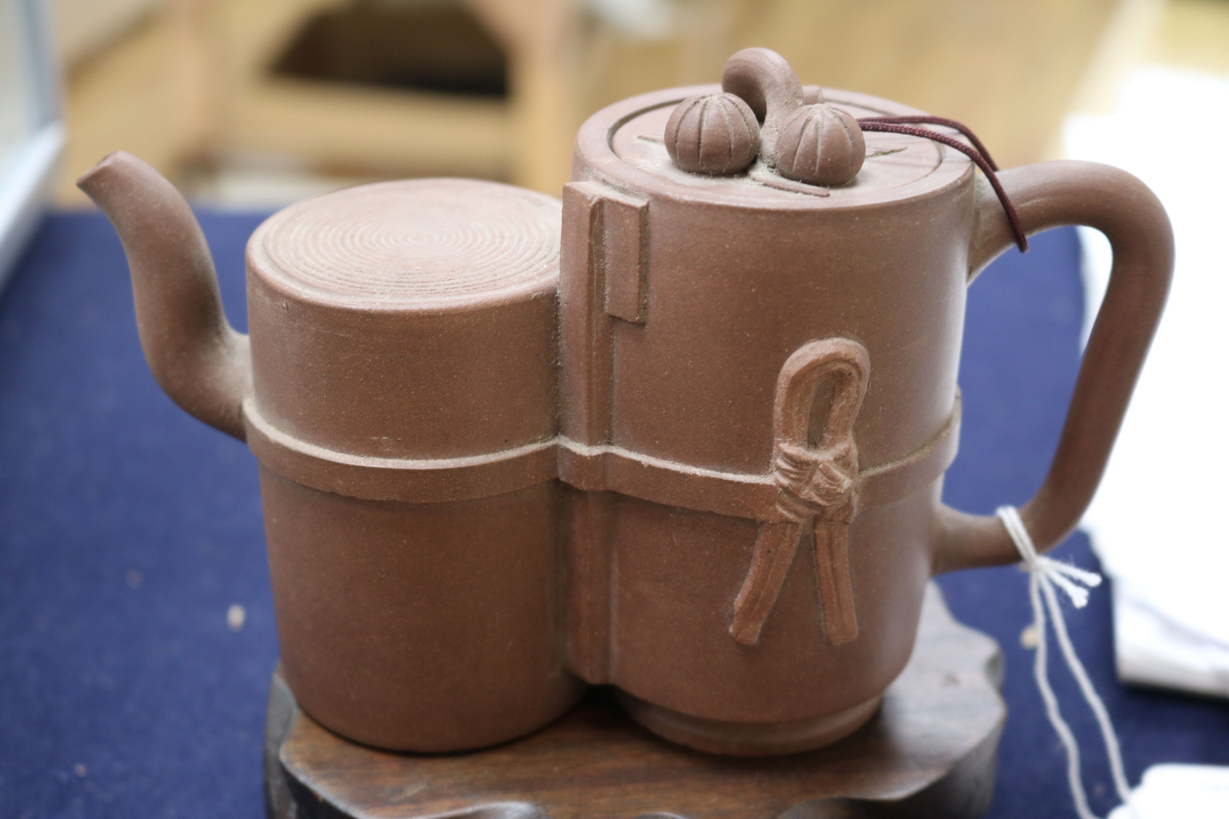 A Yixing double teapot, with wood stand - Image 2 of 5