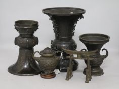 Three Chinese Archaic style bronze vases, various, a small two-handled urn (lacking cover) and a