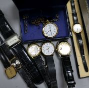 Seven assorted wrist watches and a pocket watch.