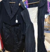 A black taffeta evening dress, another with beaded front panel and a gentleman's coat