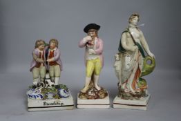 A Staffordshire square base group, Friendship, a muse grape pickers and Return From Egypt