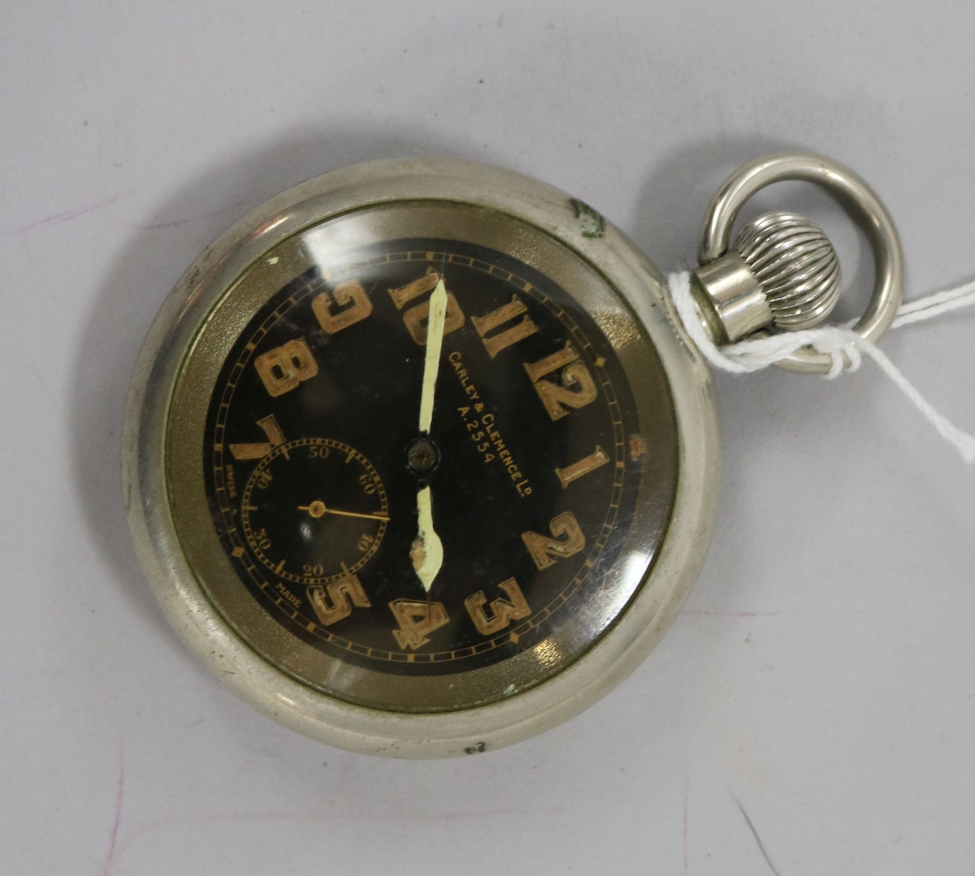 A Carley & Clemence nickel cased military black dial pocket watch, G.S. MKII A.2554.