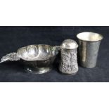 A Dutch silver brandy bowl with cast pierced foliate handles, Leeuwarden and two other items, an