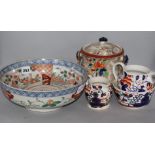 A late Imari bowl, three lustre items and a biscuit barrel