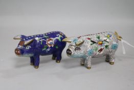 Two Chinese cloisonne enamel models of pigs