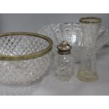 A Dutch white metal-mounted glass toilet bottle (a.f), a cut glass bowl and vase with plated rims